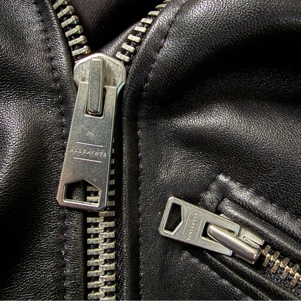 ALLSAINTS Black Leather Moto Jacket Ruffle Sleeve Detail Biker Belted Medium - Picture 7 of 7